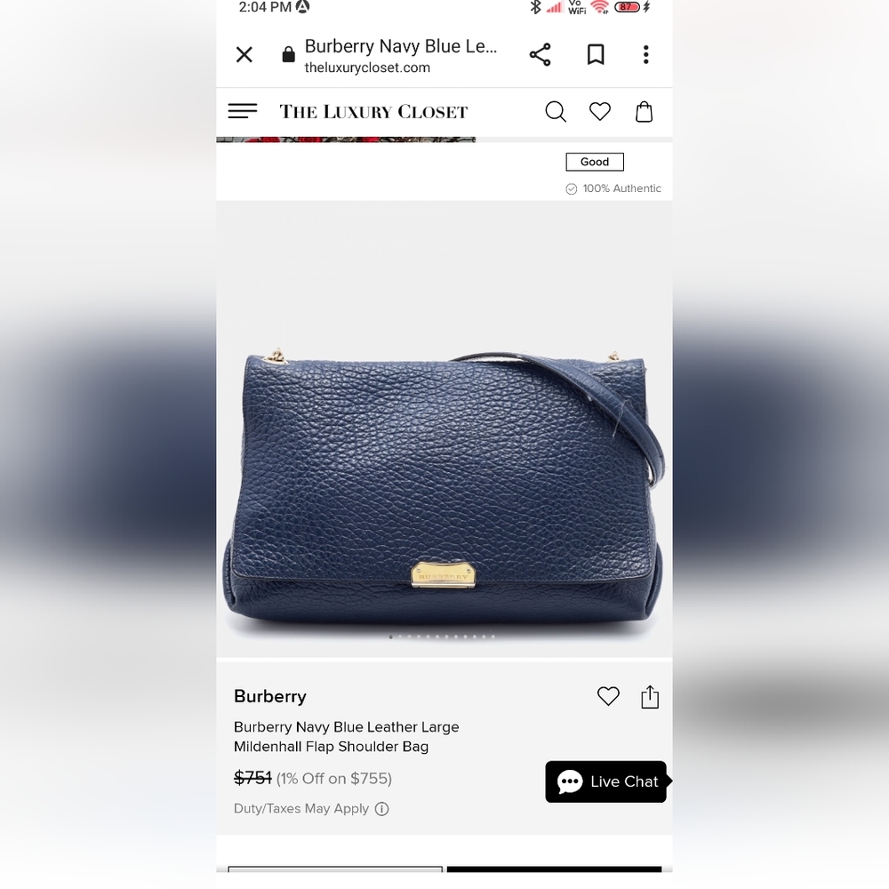 Authenticated Burberry Signature Grain Large Mildenhall Shoulder Bag in Blue - Picture 2 of 16